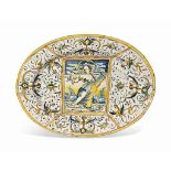 A DERUTA MAIOLICA OVAL DISH
CIRCA 1600-1610
The centre painted with a female figure, the a quartieri