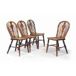 A SET OF FOUR GEORGE IV WINDSOR CHAIRS
EARLY 19TH CENTURY, THAMES VALLEY
Ash and cherry with figured