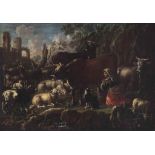 Follower of Philipp Peter Roos, called Rosa da Tivoli
A milkmaid with cattle and sheep in a