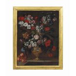 Neapolitan School, late 17th Century
Carnations, dog roses, hyacinth and other flowers in a gilt