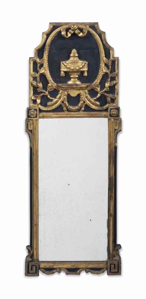 A FRENCH OR ITALIAN EBONISED AND PARCEL-GILT PIER MIRROR
EARLY 19TH CENTURY
The crest centred with