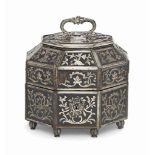 A CONTINENTAL SILVER-MOUNTED AND INLAID EBONY NECCESSAIRE 
PROBABLY FRENCH, CIRCA 1740
Octagonal