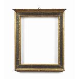 AN ITALIAN PAINTED AND GILTWOOD CASSETTA FRAME
17TH CENTURY
With plain classical mouldings and a