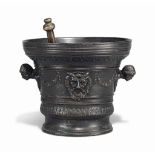 AN ITALIAN BRONZE MORTAR
OF RENAISSANCE STYLE, LATE 19TH CENTURY
Cast with satyr masks and swags