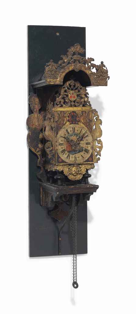 A DUTCH GILT-METAL MOUNTED POLYCHROME PAINTED STRIKING WALL CLOCK OR STOELKLOK
MID-18TH CENTURY