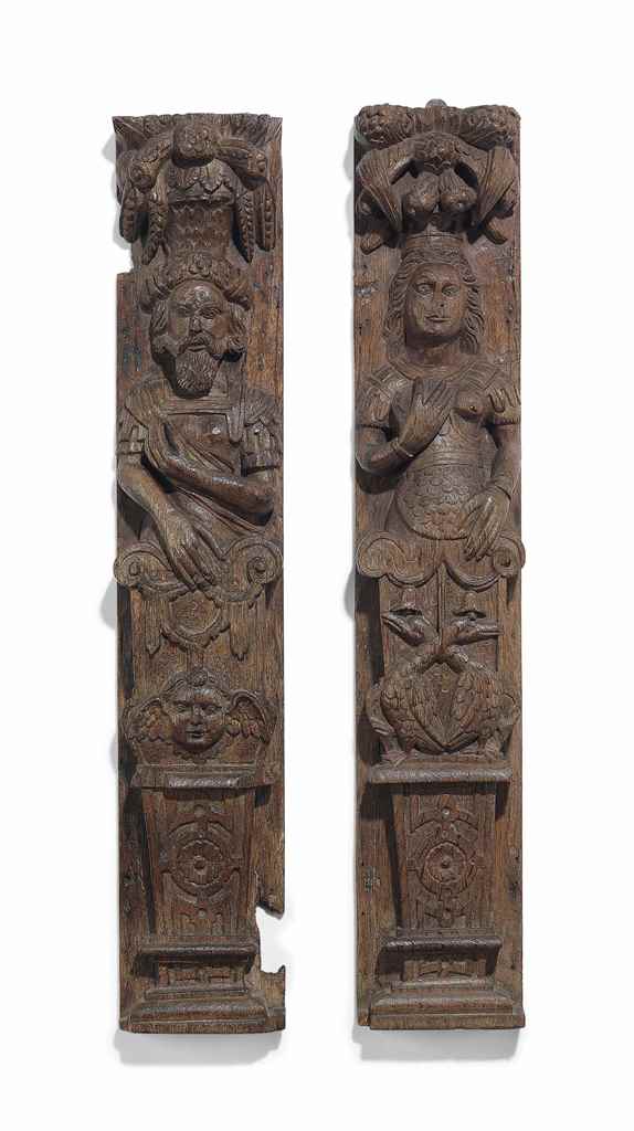 A PAIR OF ENGLISH OAK PANELS OF A CARYATID AND A TERM
17TH CENTURY
Carved with tapering plinths, one