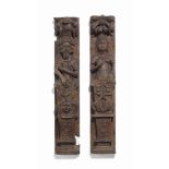 A PAIR OF ENGLISH OAK PANELS OF A CARYATID AND A TERM
17TH CENTURY
Carved with tapering plinths, one