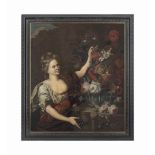 Dutch School, 17th century
The goddess Flora before an urn with a parrot tulip, roses, poppies,