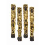 A SET OF FOUR NORTH ITALIAN GILT AND PAINTED OAK CARYATID STILES
PROBABLY 18TH CENTURY
Each carved