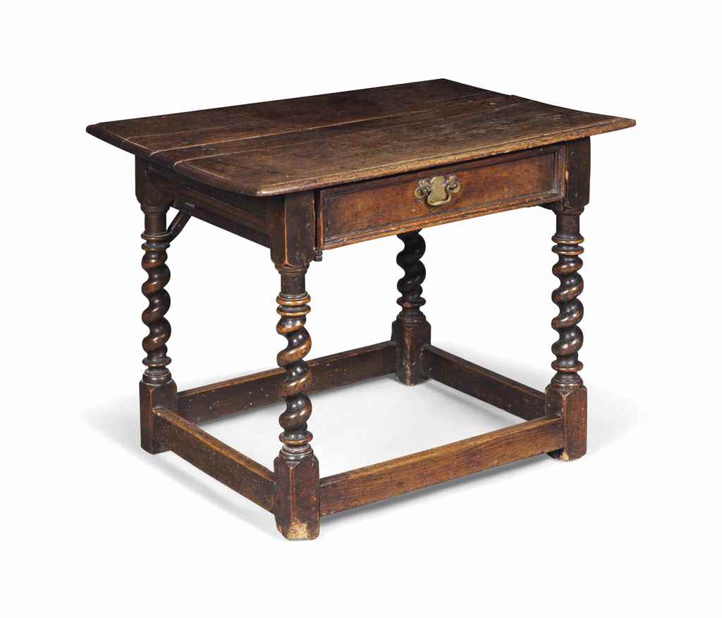 A WILLIAM AND MARY OAK SIDE TABLE
LATE 17TH CENTURY
With drawer, spiral legs and fruitwood