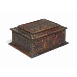 A VENETIAN TOOLED, GILT AND PAINTED LEATHER CASKET
CIRCA 1600
The hinged cover decorated with a