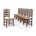 A TRUE SET OF SIX WILLIAM IV ASH LADDER-BACK CHAIRS
MID 19TH CENTURY, BILLINGE, LANCASHIRE
Each with