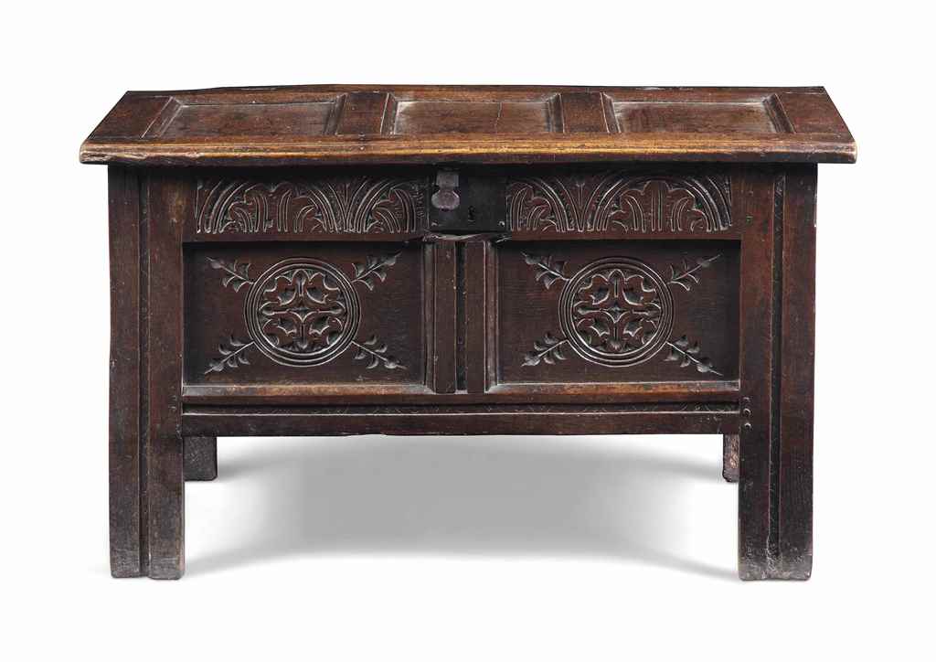 A SMALL CHARLES II OAK PANELLED CHEST
LATE 17TH CENTURY
With lunette frieze and twin panel front