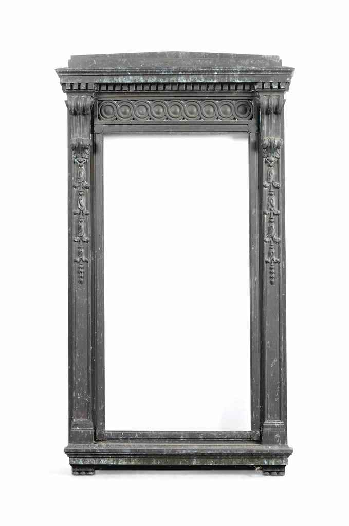 A VICTORIAN BRONZE FRAME
LATE 19TH CENTURY
With an arched classical cornice with a frieze of cast