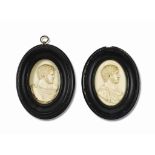 A PAIR OF ITALIAN IVORY RELIEF BUST OF ROMAN EMPERORS
LATE 18TH / EARLY 19TH CENTURY
Set in ebonised