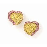 A pair of coloured diamond and pink sapphire earrings
Of pavé brilliant-cut yellow diamond