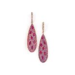 A pair of pink sapphire, ruby and diamond earrings
Each pear-shaped drop pavé-set with pink
