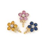 Three vari-coloured sapphire and diamond brooches, by Chatila
Each of flowerhead design, composed of