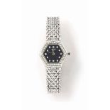 A diamond-set quartz wristwatch, by Jahan
The black hexagonal dial with diamond hour markers and