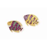 A pair of gem-set fish pendants / brooches
The first with pink sapphire head and ruby eye, to the