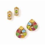 A pair of gem-set earrings, by Bulgari and a pair, by Chatila
The first of openwork drop shape set