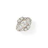 A mid 20th century diamond dress ring
The central brilliant-cut diamond between baguette-cut diamond