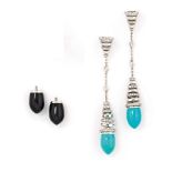 A pair of diamond, turquoise and onyx earrings, by Avakian
Each interchangeable turquoise or onyx