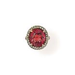 A pink tourmaline and diamond ring, by Sutra
The oval-cut pink tourmaline to a pavé diamond surround