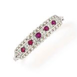 A ruby and diamond bangle
Of hinged design, set to the front with an alternating line of rectangular
