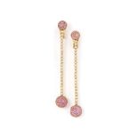 A pair of pink sapphire and diamond pendent earrings
Each pavé circular-cut pink sapphire