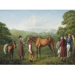 Circle of Jacques Laurent Agasse (1767-1849)
A bay racehorse held by a trainer in an extensive