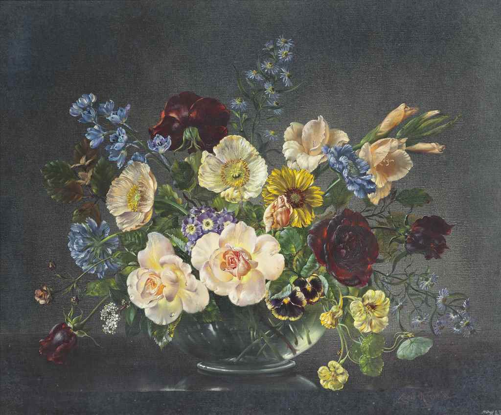 Cecil Kennedy (1905-1997)
Pansies, roses, nasturtiums, Japanese anemone, auricula, delphinium,