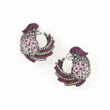 A PAIR OF GEM-SET EARRINGS
Each modelled as a parrot's head and wing, set with rubies, diamonds