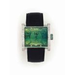 A DIAMOND, EMERALD AND MOTHER-OF-PEARL 'J5' QUARTZ WRISTWATCH, BY JAHAN
The brilliant-cut diamond