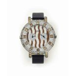 A GEM-SET 'CLUB' QUARTZ WRISTWATCH, BY JAHAN
The circular dial pavé-set with diamonds, with brown