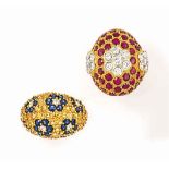 TWO GEM-SET DRESS RINGS, ONE BY JEAN VITAU
Of pavé bombé design, the first set with circular-cut