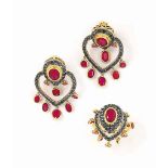 A PAIR OF RUBY AND COLOURED DIAMOND EARRINGS, BY JAHAN, AND A RUBY AND COLOURED DIAMOND RING
Each