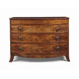 A REGENCY MAHOGANY AND CROSSBANDED BOWFRONT CHEST
CIRCA 1815
The line-inlaid top above four