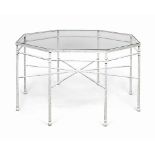 A WHITE-PAINTED STEEL OCTAGONAL CENTRE TABLE
20TH CENTURY
With an inset glass top, re-decorated
29 ½