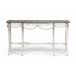 A FRENCH GREY AND WHITE-PAINTED WROUGHT-IRON BREAK-BOWFRONT CONSOLE TABLE
MID-20TH CENTURY
With a