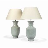 A PAIR OF CHINESE CELADON VASE LAMPS
20TH CENTURY
Each of baluster form, adapted for electricity