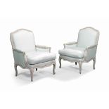 A PAIR OF FRENCH WHITE AND GREEN-PAINTED FAUTEUILS
EARLY 20TH CENTURY, OF LOUIS XV STYLE
Each with a