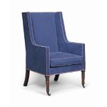 A GEORGE III MAHOGANY ARMCHAIR
EARLY 19TH CENTURY
With a squab cushion, re-upholstered in navy