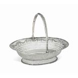 A GEORGE III SILVER CAKE BASKET
MARK OF WILLIAM PLUMMER, LONDON, 1775
Oval with bead borders, the