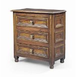 A SMALL ELIZABETHAN WALNUT CHEST OF DRAWERS WITH GILT INSCRIPTIONS
LATE 16TH CENTURY
With panelled