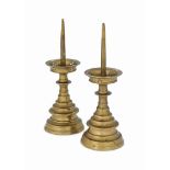 A PAIR OF FLEMISH BRASS PRICKET CANDLESTICKS
15TH / 16TH CENTURY
With dished pierced pans on