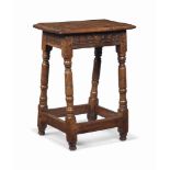 A CHARLES II OAK JOINED STOOL
LATE 17TH CENTURY
With punch and gouge-decorated frieze, on ring-