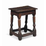 A WILLIAM AND MARY OAK JOINED STOOL
LATE 17TH CENTURY
With plain friezes and baluster legs
23 in. (
