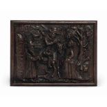 A FLEMISH OAK PANEL OF TRISTAM AND ISOLDE
17TH CENTURY
Tristan on horseback with a dog at his feet