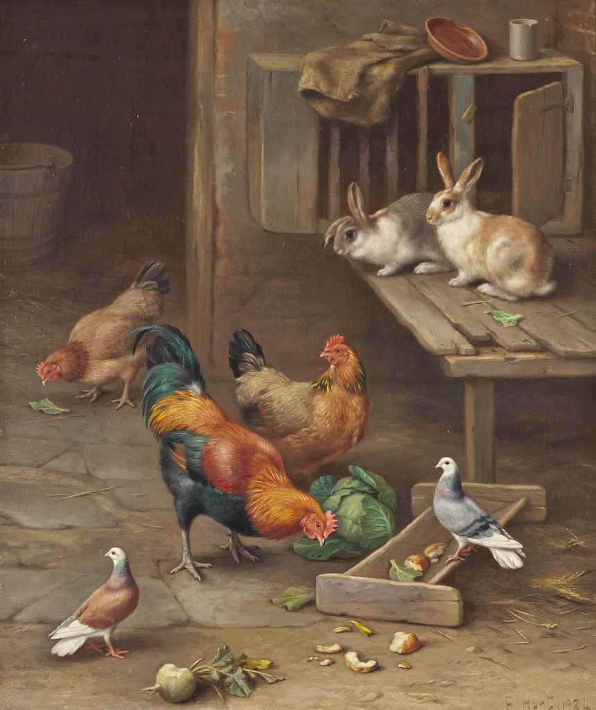 Edgar Hunt (1876-1955)
In the farmyard
signed and dated 'E Hunt 1924' (lower right)
oil on canvas
14